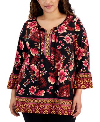 JM Collection - Plus Size Printed Embellished Camila Border-Hem Tunic Top