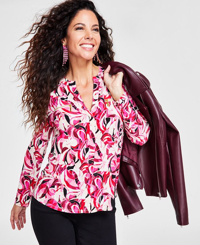 I.N.C. International Concepts Petite Printed Zip Pocket Top