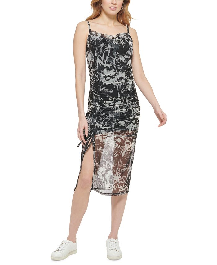 DKNY Jeans Women s Printed Mesh Side Ruched Dress Macy s