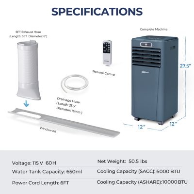 10000 BTU Portable Air Conditioner w/ Remote Control 3-in-1 Air Cooler w/ Drying