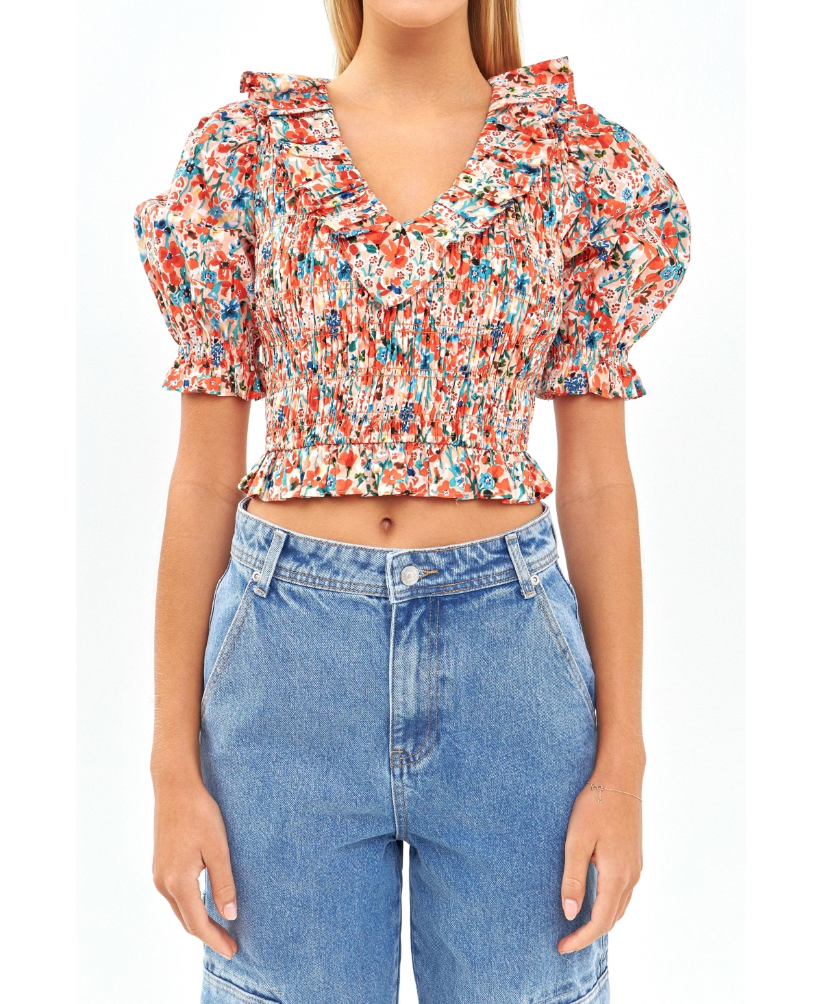 English Factory Floral Smocked Ruffle Cotton Top In Peach Multi