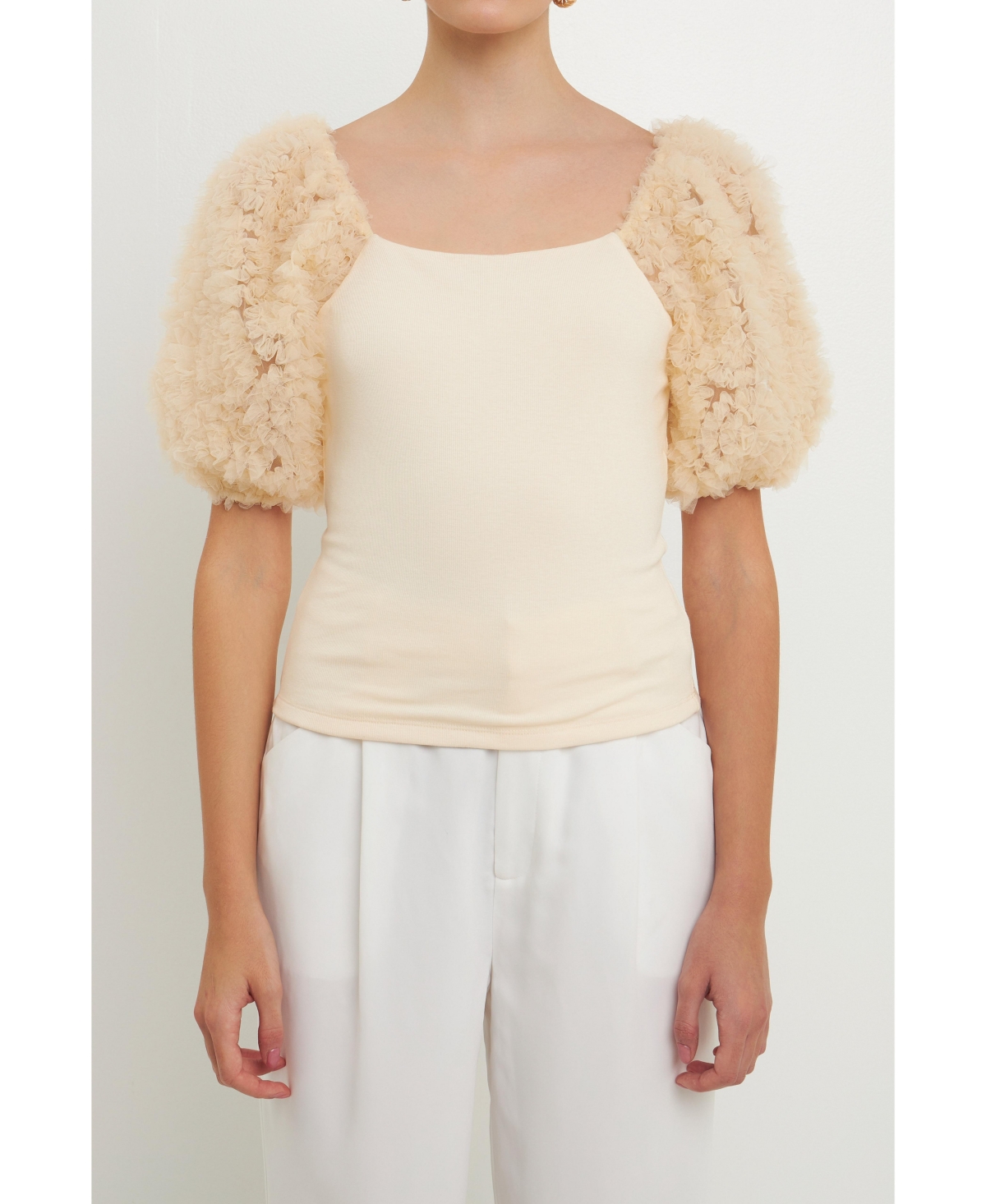 Endless Rose Tulle Puff Sleeve Blouse In Ivory