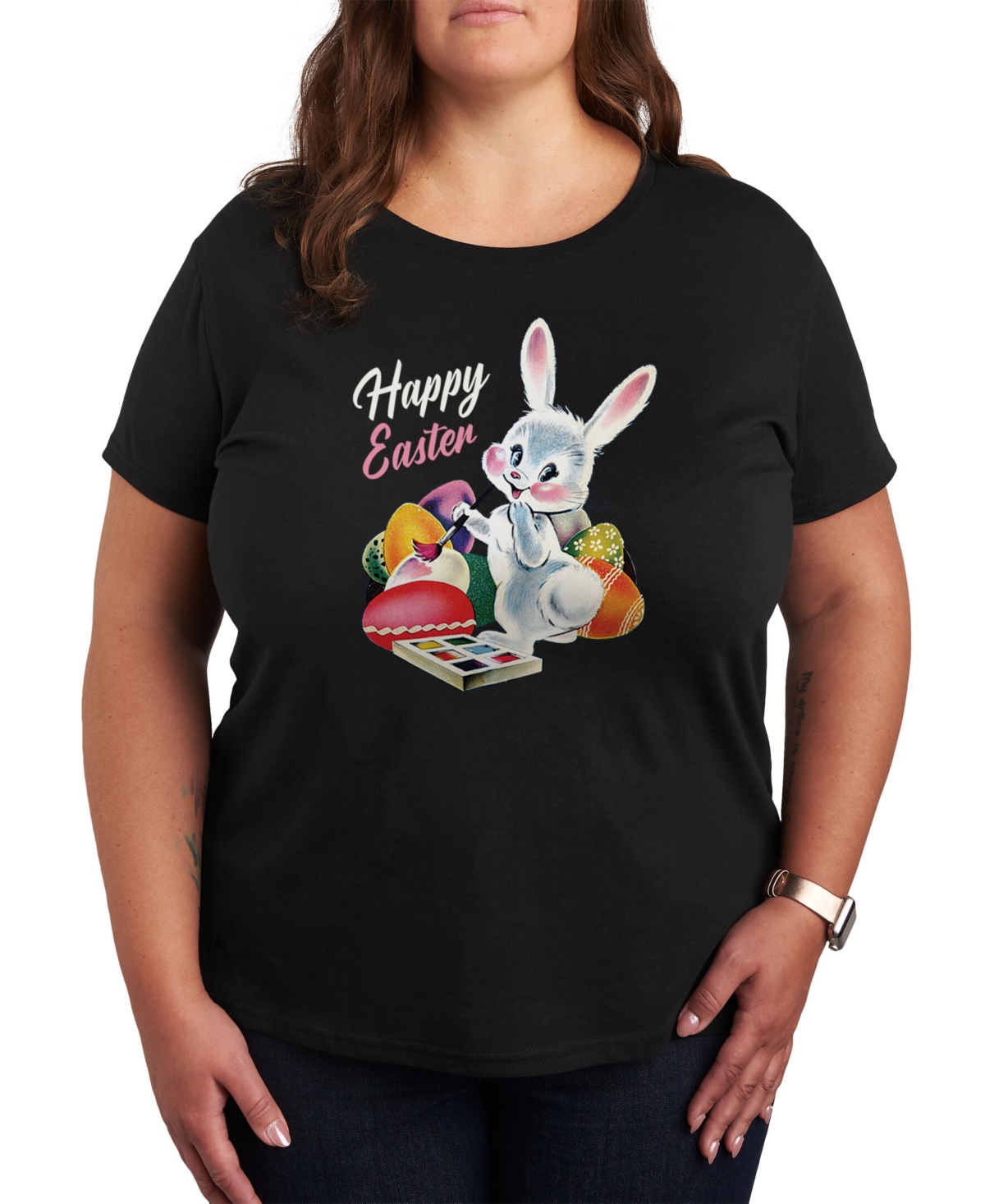 Air Waves Trendy Plus Size Easter Bunny Graphic T-shirt In Black