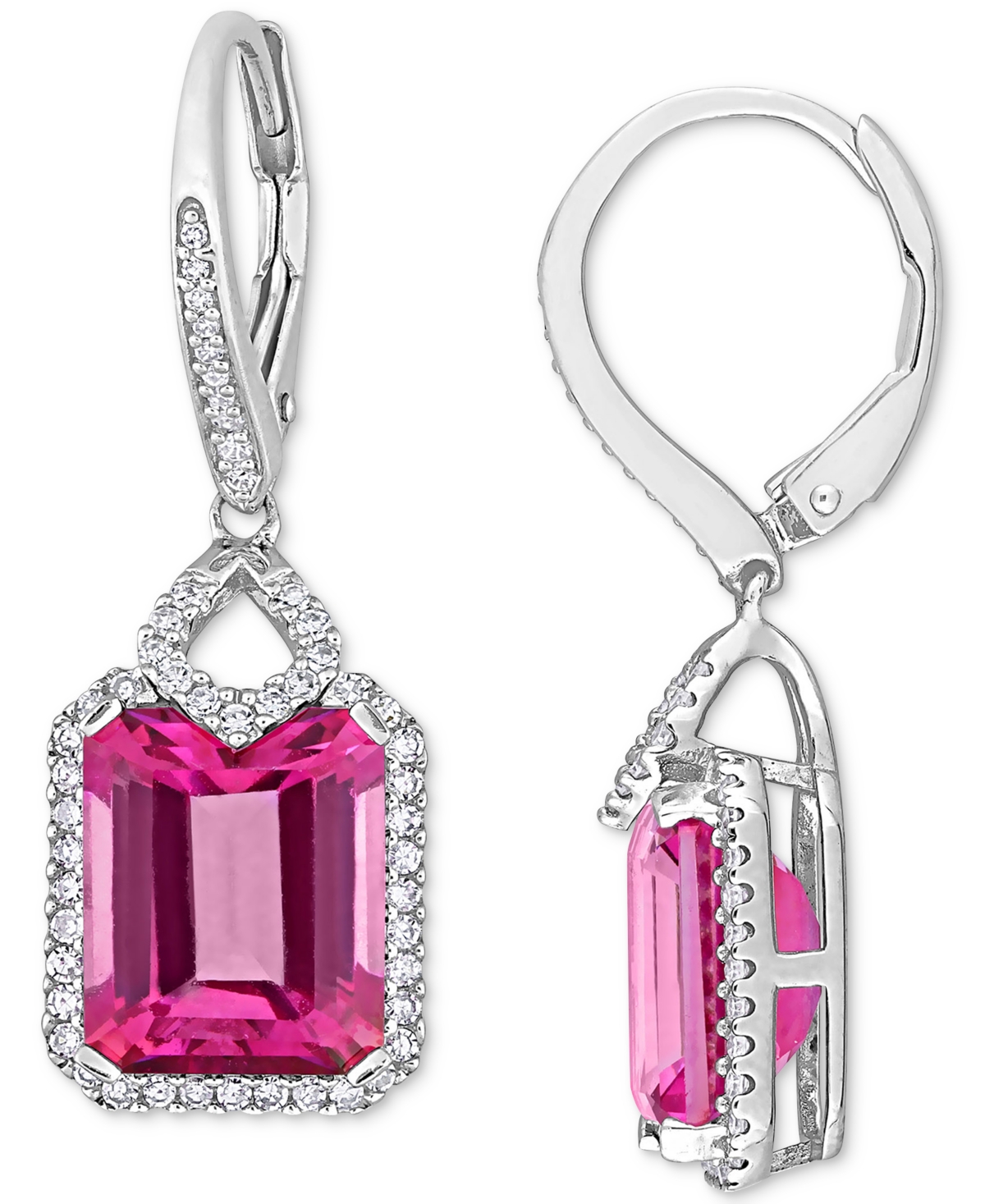 Macy's Pink Topaz (11-1/6 Ct. T.w.) & Diamond (1/2 Ct. T.w.) Leverback Drop Earrings In Sterling Silver