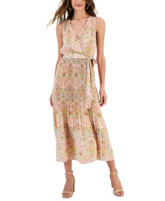 T Tahari - Women's Pleated Belted Faux-Wrap Dress