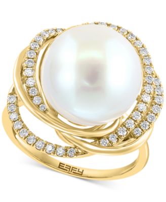 EFFY Collection - Freshwater Pearl (13mm) & Diamond (1/3 ct. t.w.) Spiral Halo Ring in 14k Gold