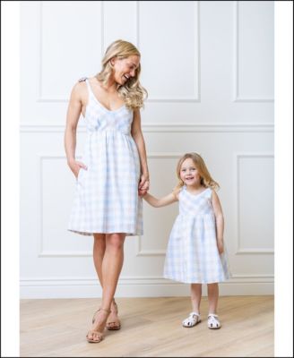 Mommy Me Linen Bow Shoulder Dresses in Taupe and Blue Check