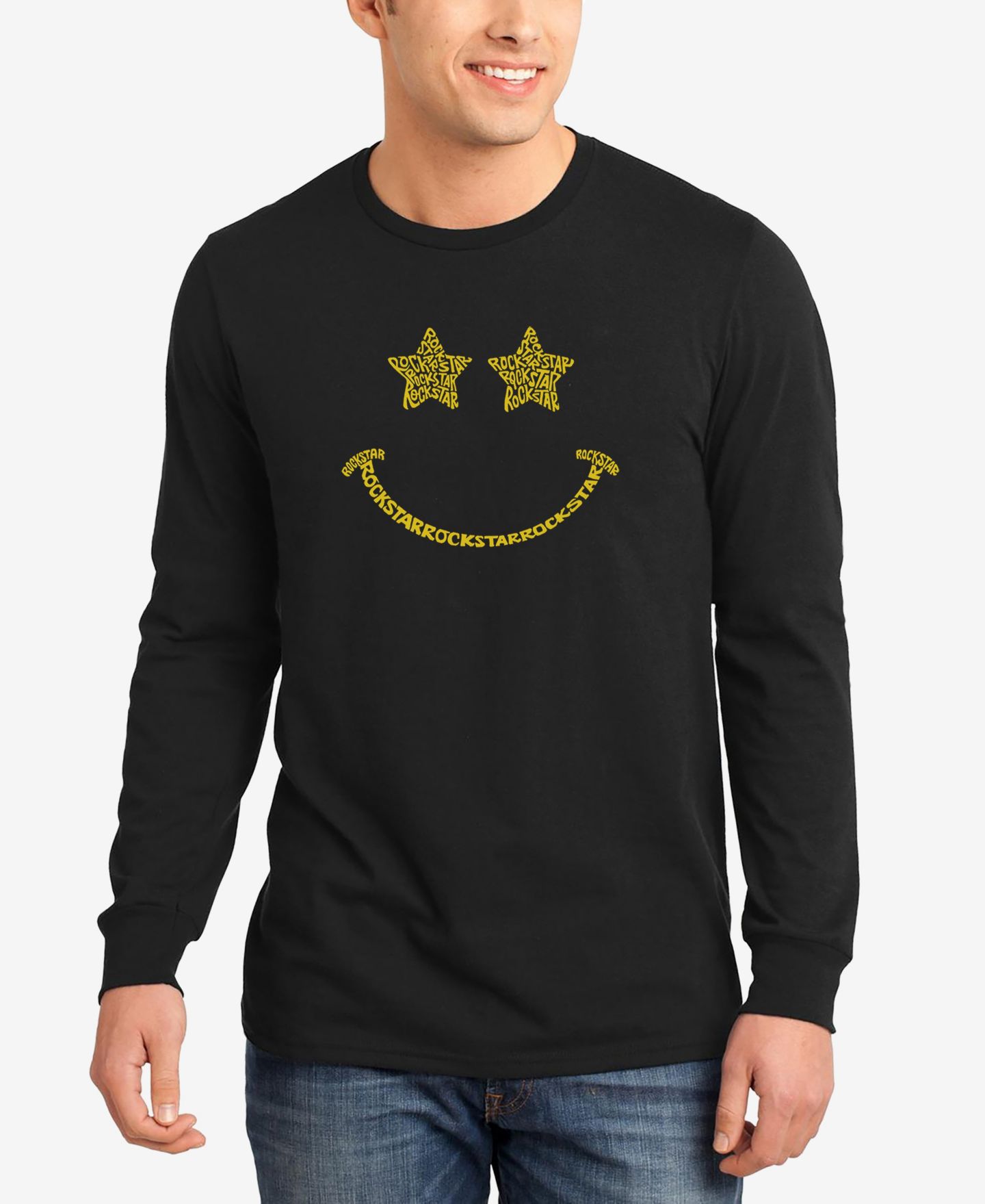 Мужская футболка LA Pop Art Rockstar Smiley Word Art Long Sleeve, цвет: Чёрный — фото 1