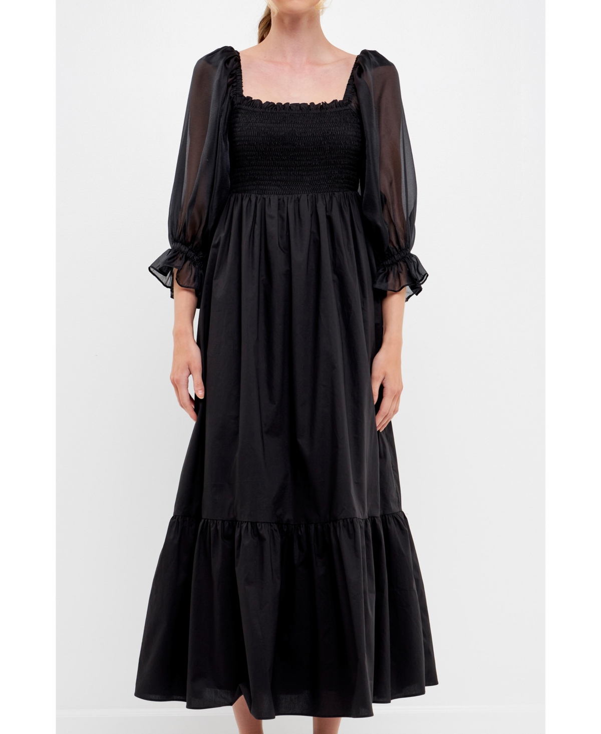 English Factory Poplin Organza Midi Dress In Black