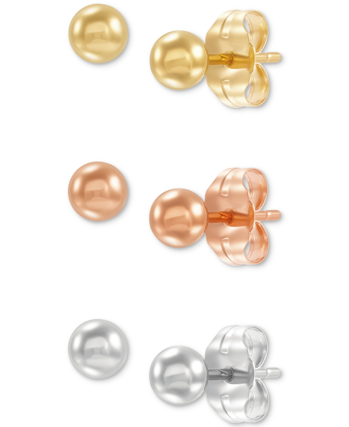 Macy's 3-pc. Set Polished Ball Stud Earrings In 14k Tricolor Gold