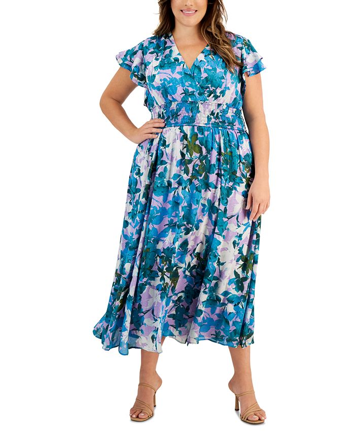 Taylor Plus Size Printed Jacquard V-Neck Chiffon Dress - Macy's