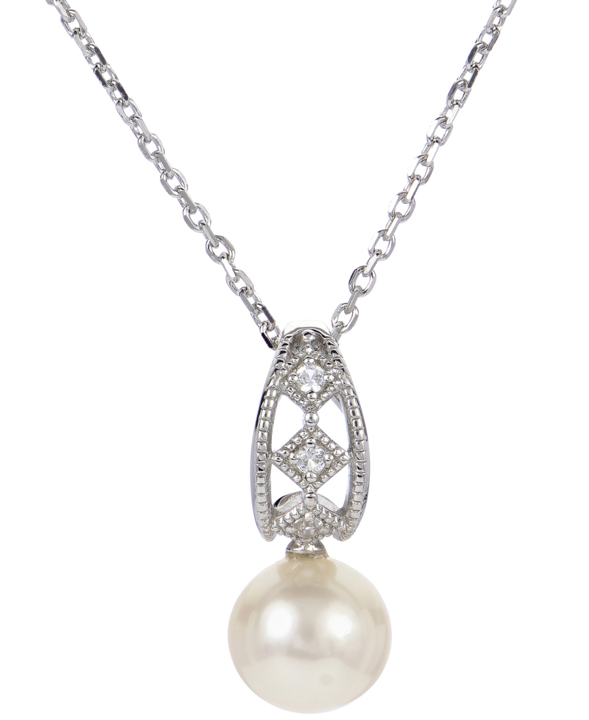 Macy's Cultured Freshwater Pearl (8mm) & Lab-created White Sapphire (1/20 Ct. T.w.) 18" Pendant Necklace In In Sterling Silver