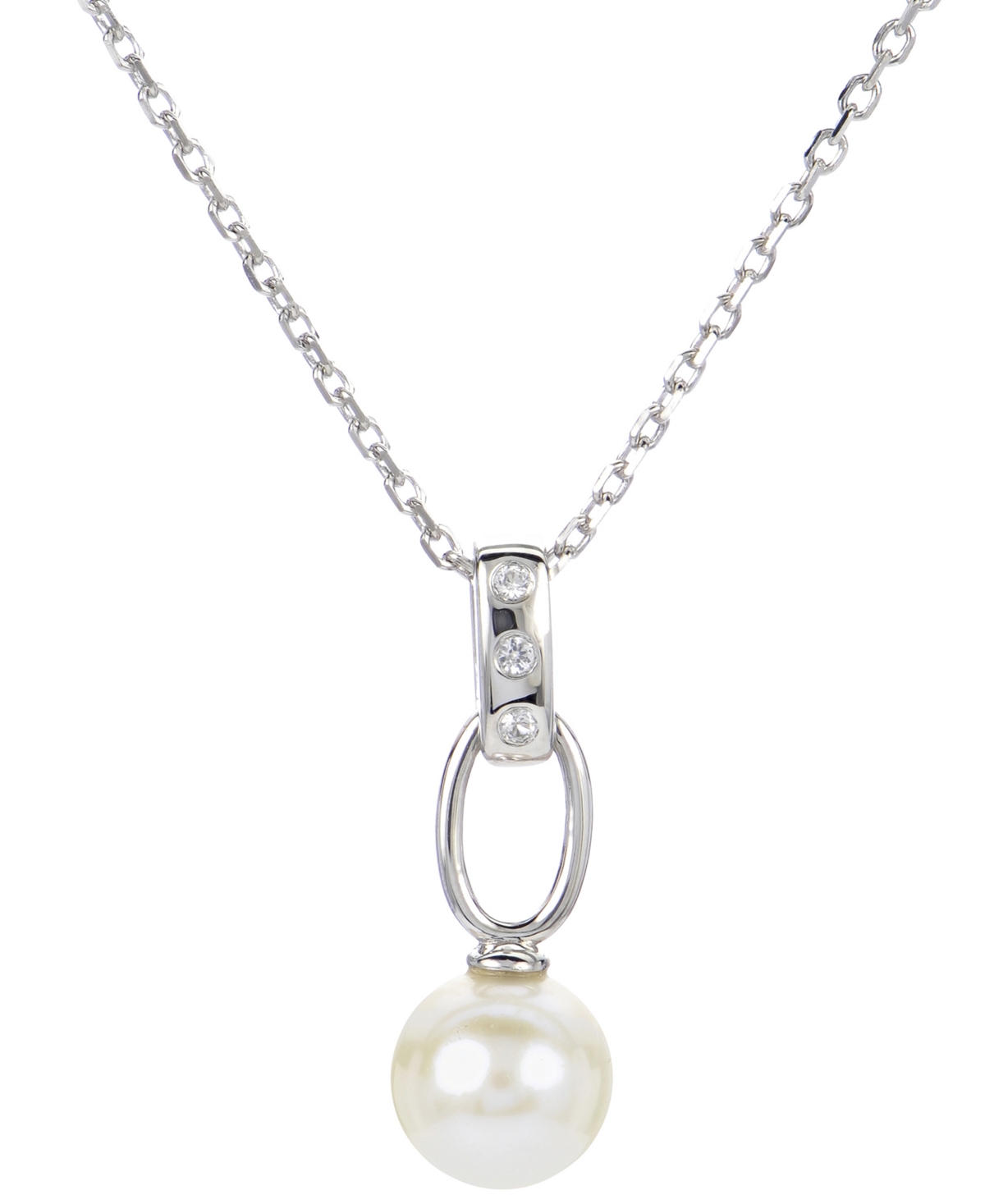 Macy's Cultured Freshwater Pearl (7-1/2mm) & Lab-created White Sapphire Accent 18" Pendant Necklace In Ster In Sterling Silver