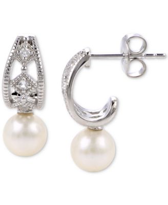 Macy's - Cultured Freshwater Pearl (6mm) & Lab-Created White Sapphire (1/5 ct. t.w.) J-Hoop Earrings in Sterling Silver