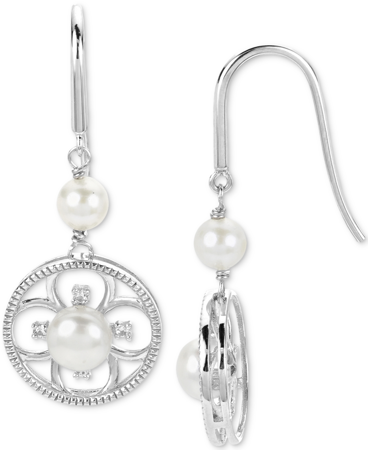 Macy's Cultured Freshwater Pearl (4-6mm) & Lab-created White Sapphire (1/10 Ct. T.w.) Flower Drop Earrings In Sterling Silver