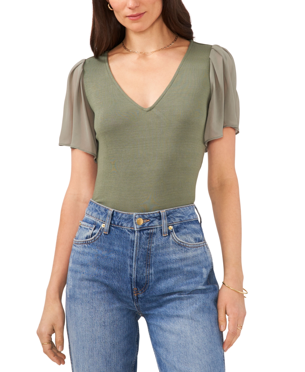 1.state Mixed Media Flutter Sleeve Top In Green Milieu