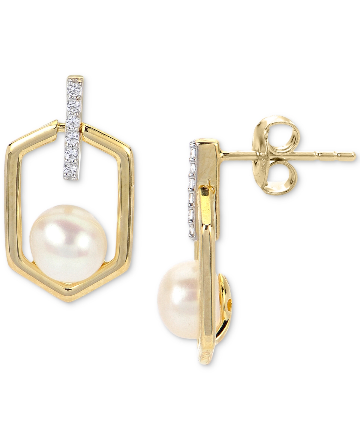 Macy's Cultured Freshwater Pearl (6mm) & Lab-created White Sapphire (1/20 Ct. T.w.) Hexagon Drop Earrings I In Gold Over Silver