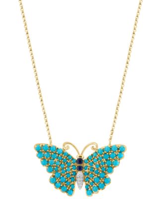 EFFY Collection - Turquoise, Sapphire (1/10 ct. t.w.), & Diamond Accent Butterfly 16" Pendant Necklace in 14k Gold