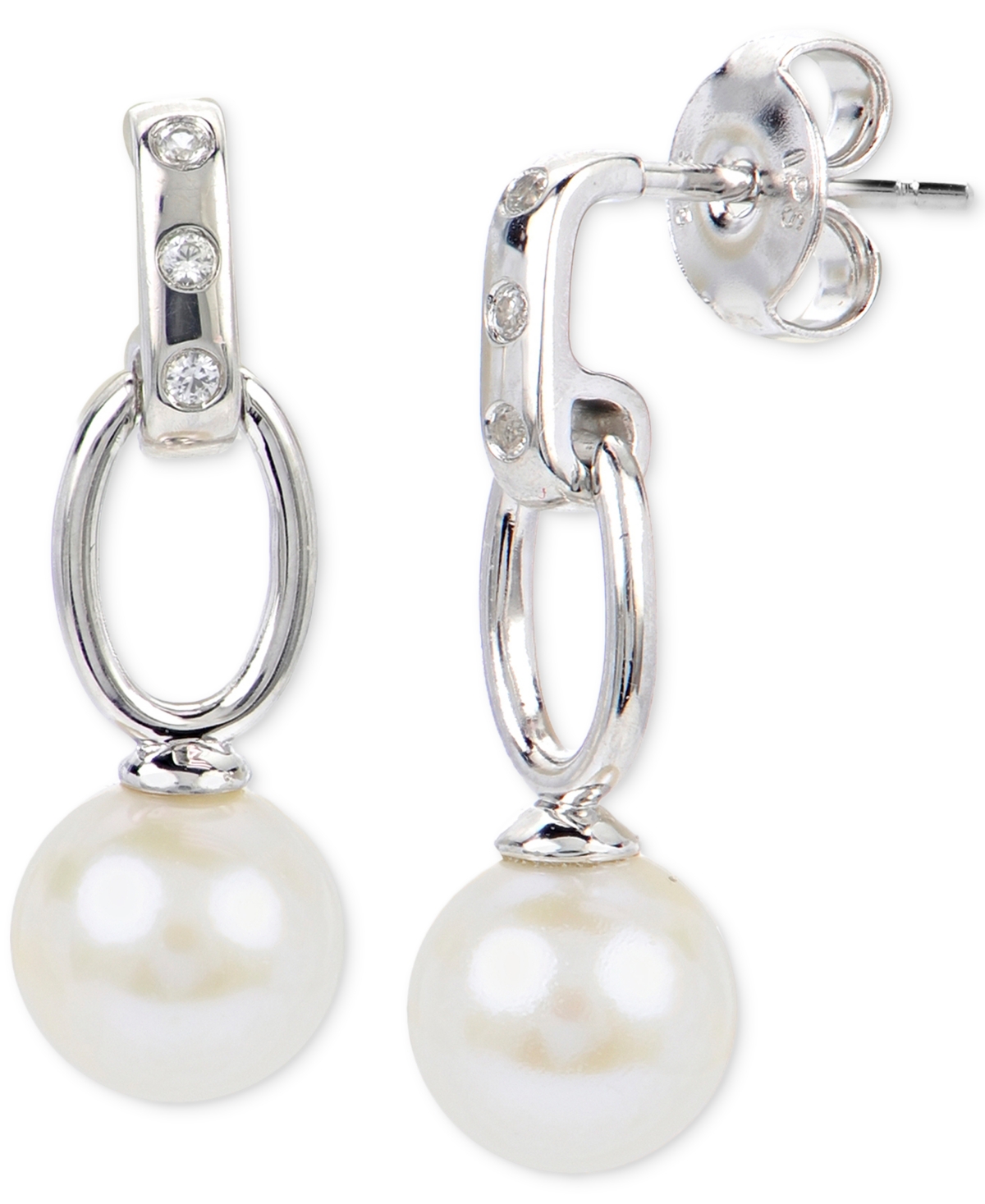Macy's Cultured Freshwater Pearl (6 1/2mm) & Lab-created White Sapphire Accent Drop Earrings In Sterling Si In Sterling Silver