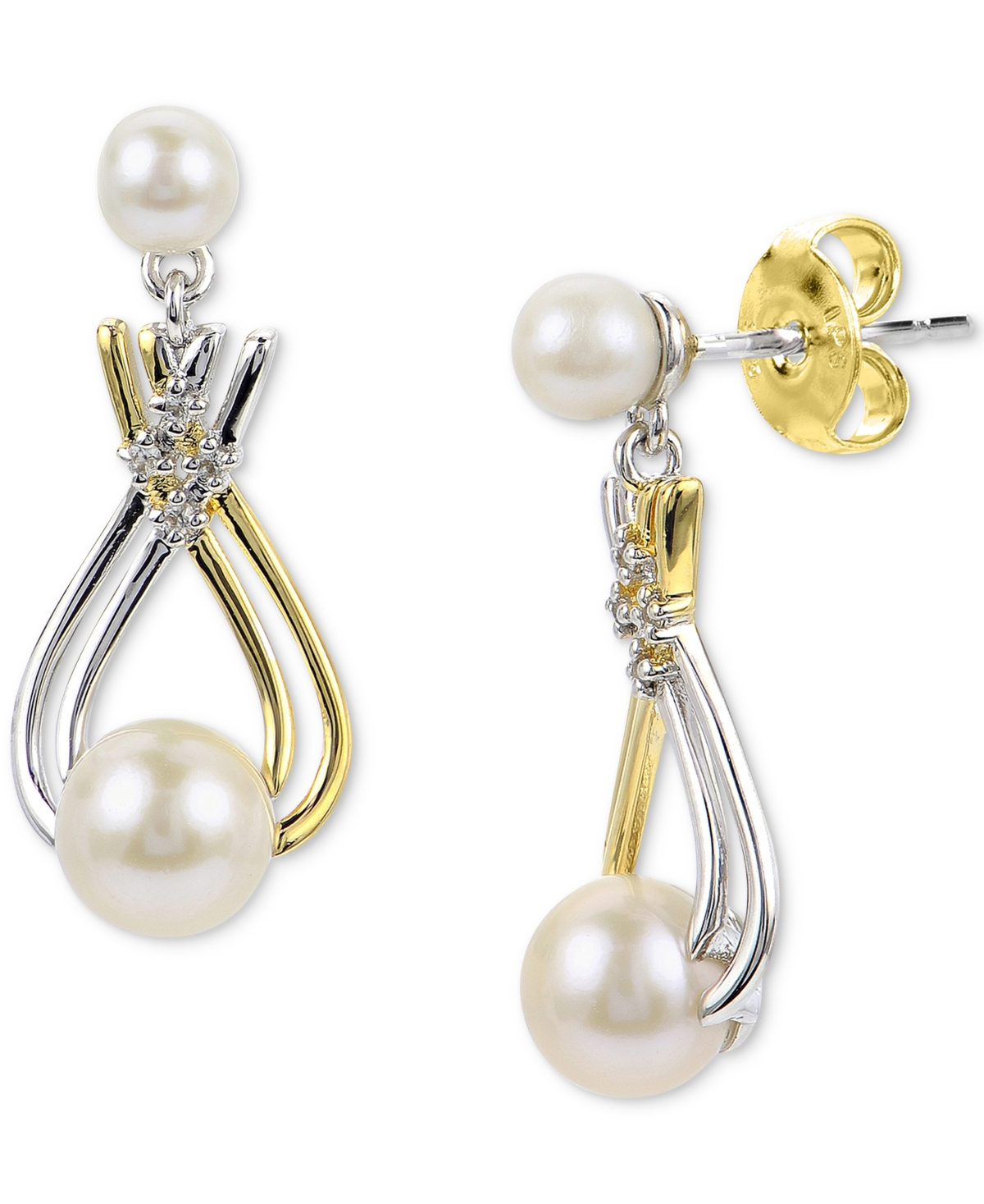 Macy's Cultured Freshwater Pearl (6mm) & Lab-created White Sapphire (1/20 Ct. T.w.) Drop Earrings In Sterli In Gold Over Silver
