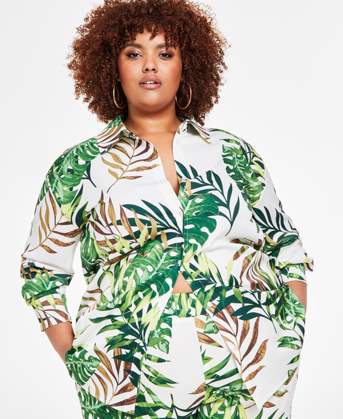 Nina Parker Trendy Plus Size Tropical-print Shirt In Palm Leaf