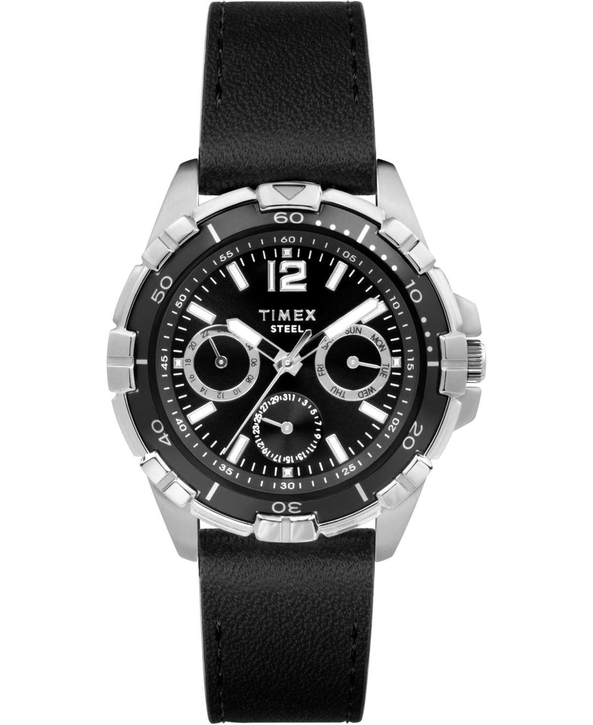 Men's Quartz Analog Premium Dress Leather Black Watch 44mm - Black