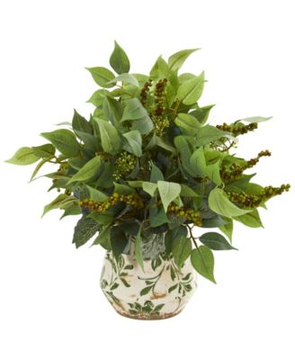 Nearly Natural - Mixed Ficus, Fittonia and Berries Artificial Plant in Floral Vase