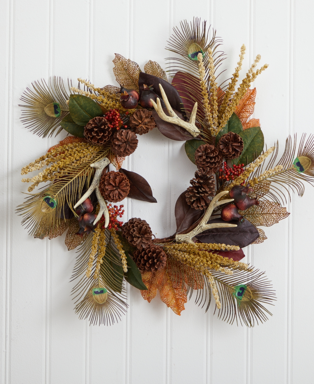 Nearly Natural Magnolia Leaf, Berry, Antler & Peacock Feather Artificial Wreath