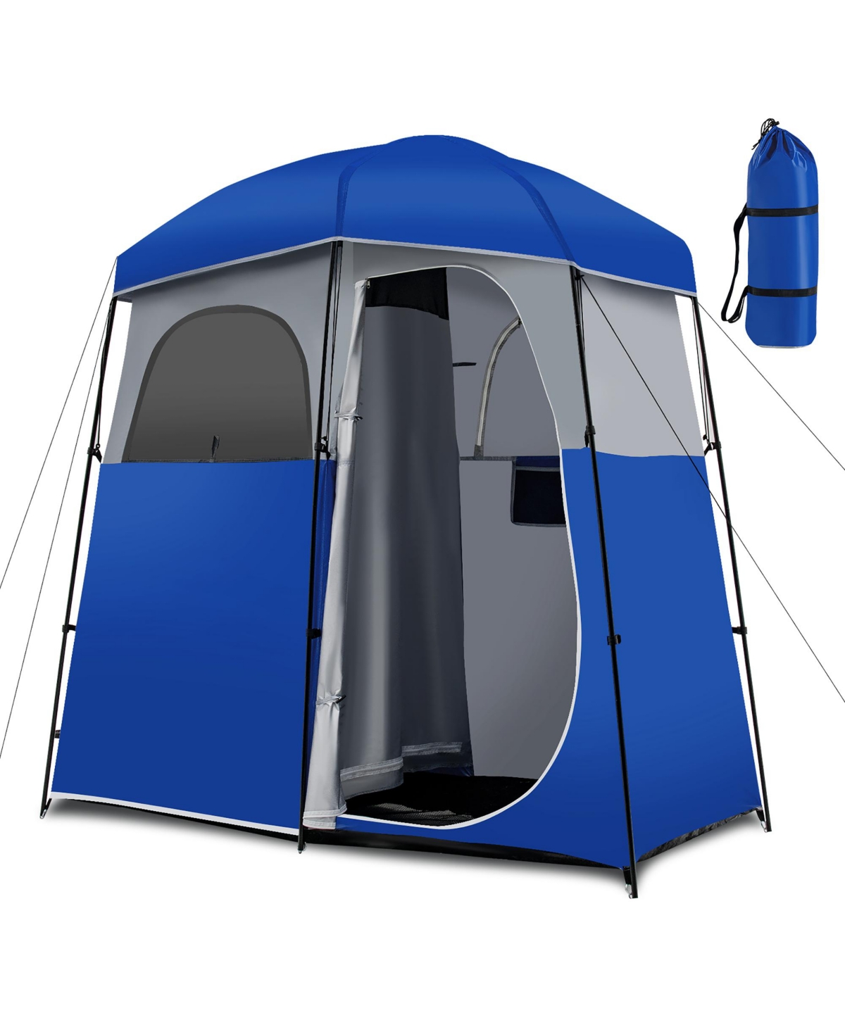 Double-Room Camping Shower Toilet Tent with Floor Oversize Portable Storage Bag - Blue