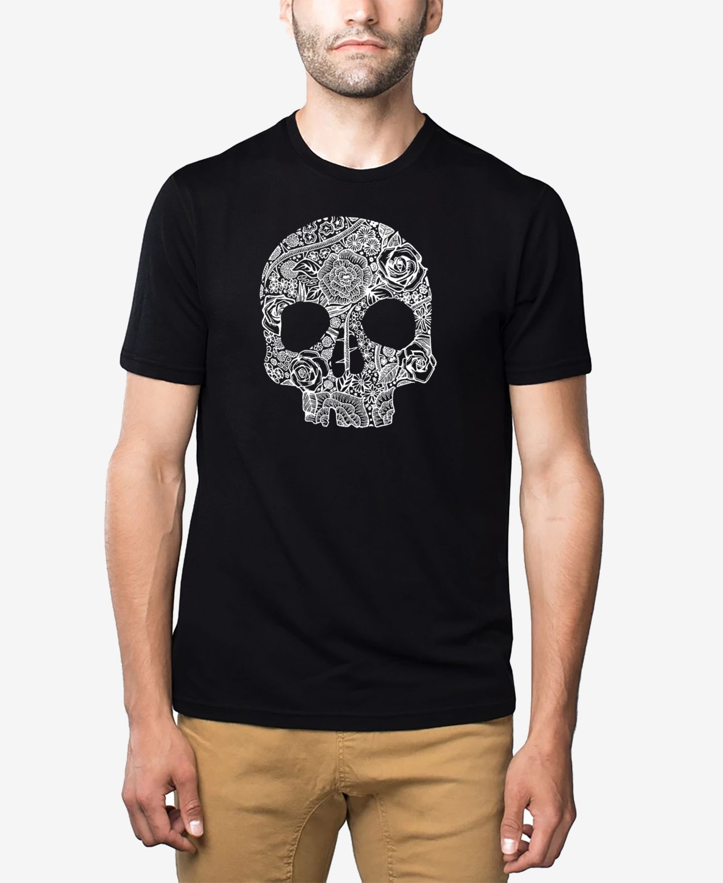 Мужская футболка LA Pop Art Cotton/Poly Blend Word Art - Flower Skull, цвет: Чёрный — фото 1