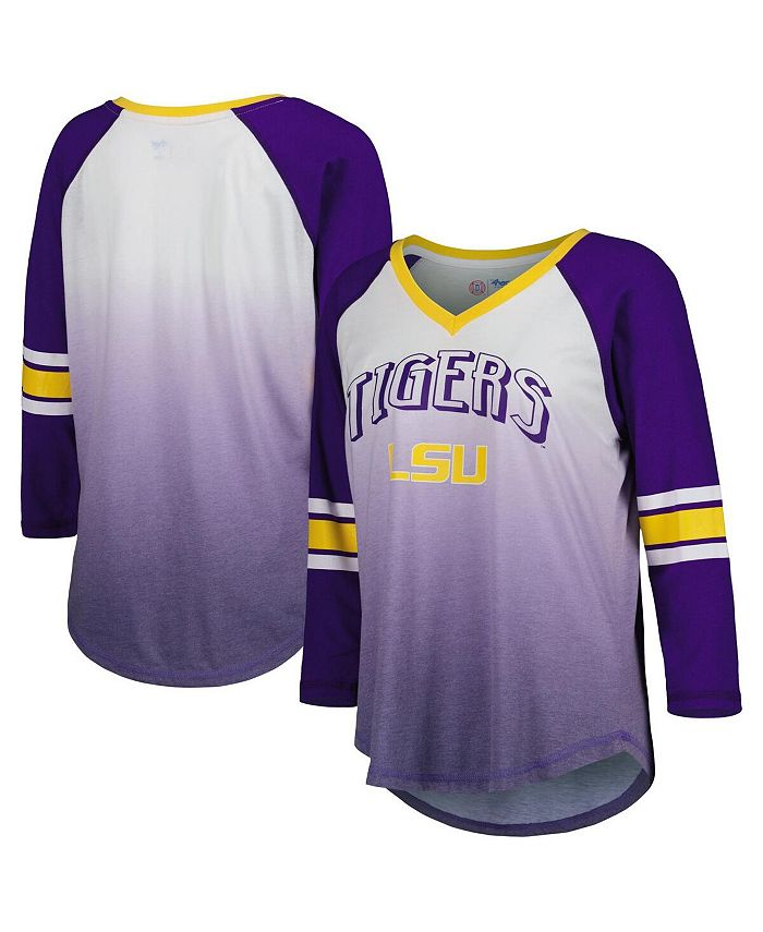 G-III 4Her by Carl Banks Women's White, Purple LSU Tigers Lead Off Ombre  Raglan 3/4-Sleeve V-Neck T-shirt - Macy's
