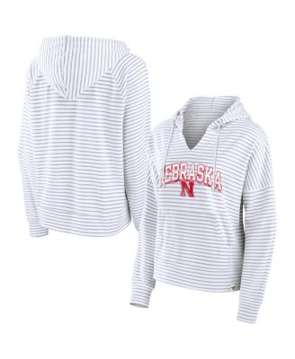 Women's White Nebraska Huskers Striped Notch Neck Pullover Hoodie
