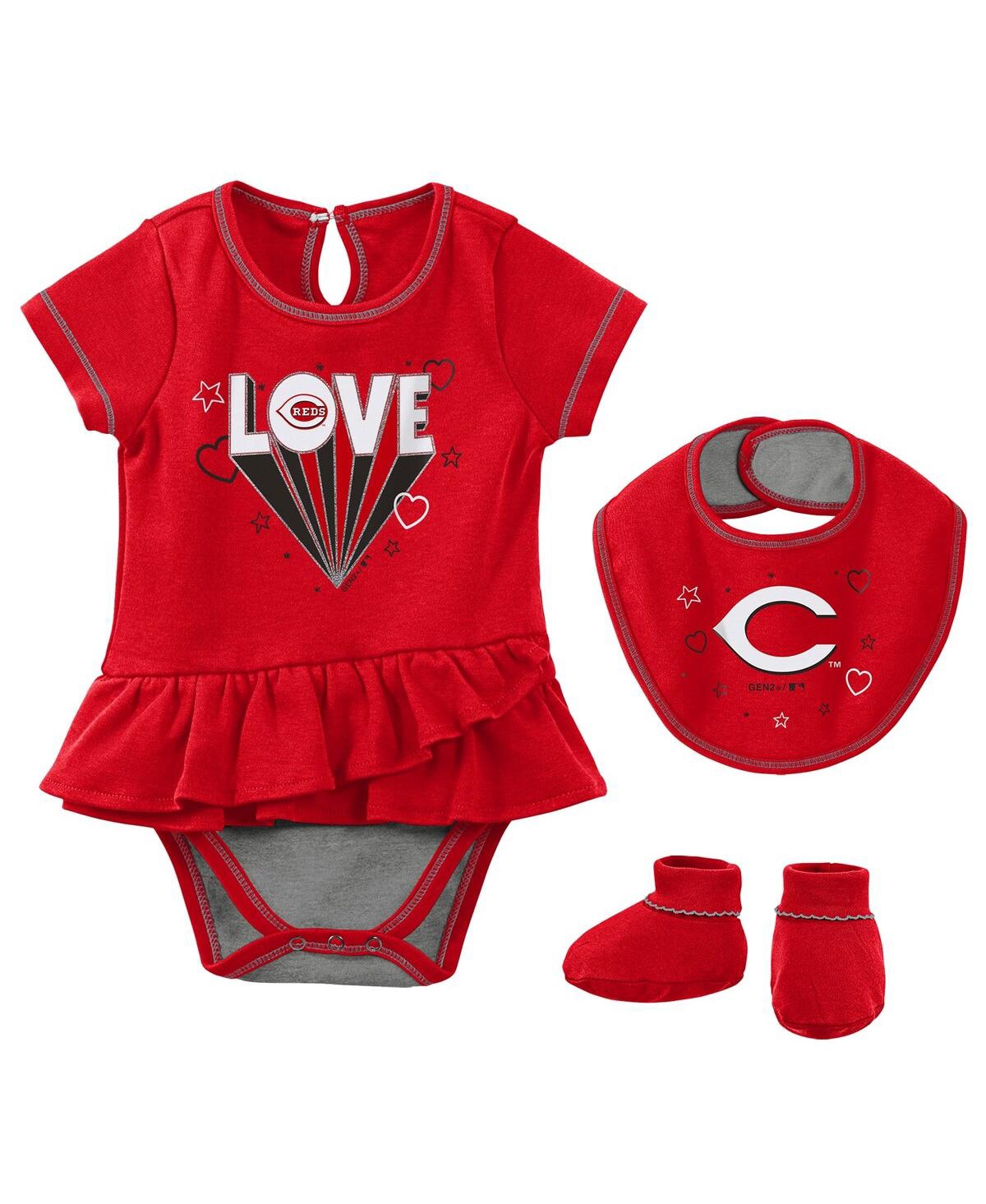 Outerstuff Babies' Girls Newborn And Infant Red Cincinnati Reds Play Your Best Bodysuit Bib And Booties Set