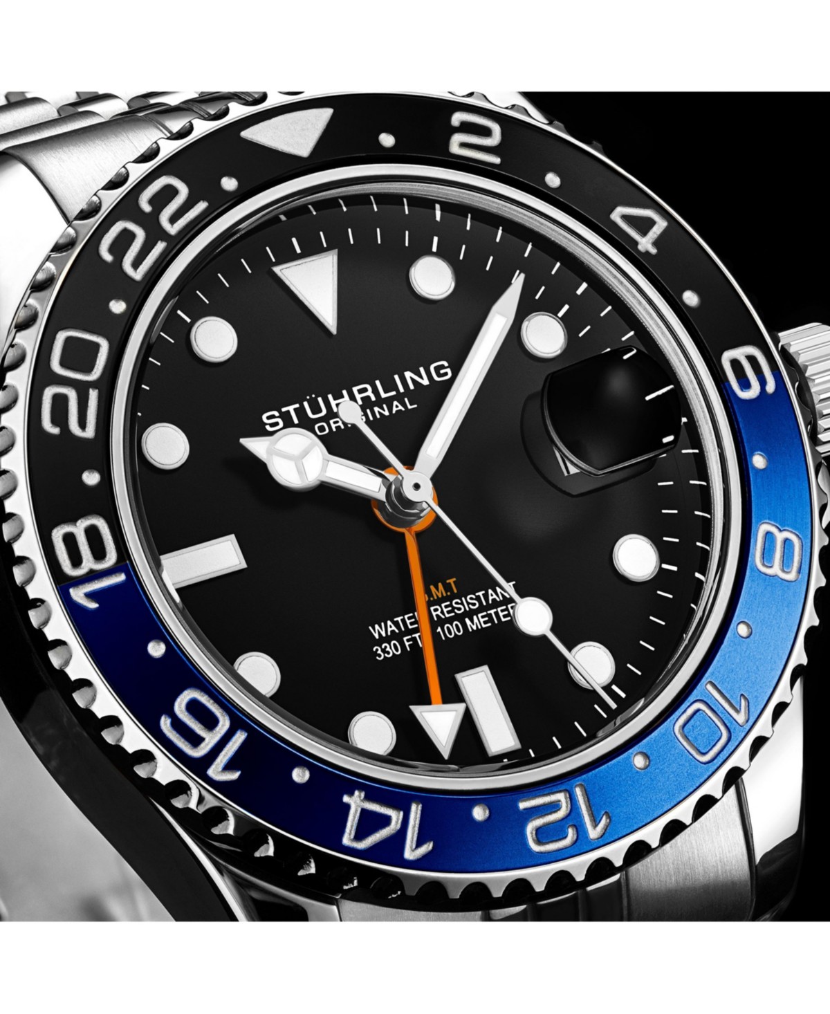 Мужские Stuhrling Meridian 3968 Men s GMT Diver Watch – Quartz Movement, 42mm Stainless Steel Case, Black Dial, Blue/Black Bezel — фото 3