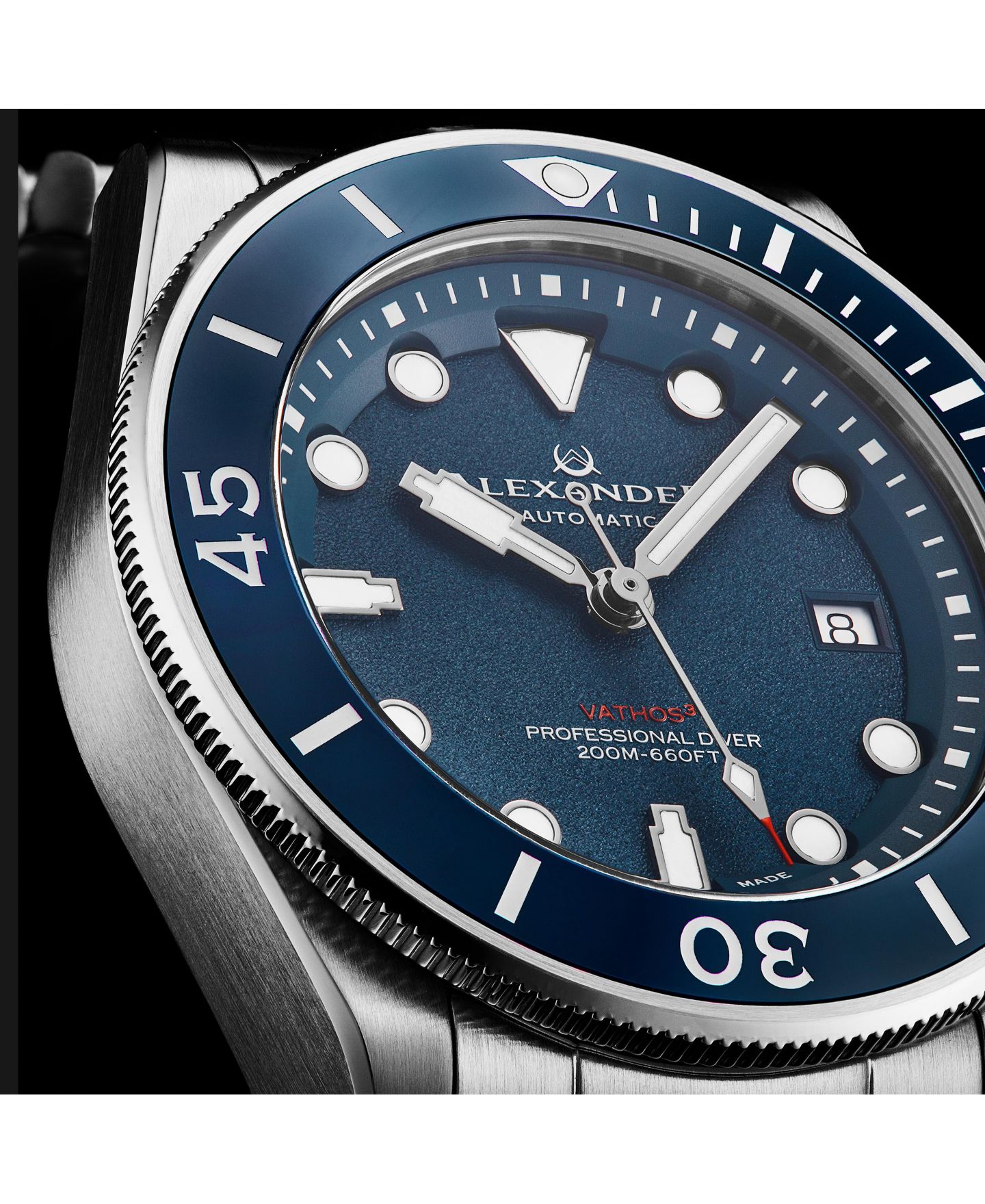 Мужские часы Alexander Vathos3 Swiss Made Diver Watch 43mm Silver Tone Stainless Steel Case Blue Dial Rotating Bezel Sapphire Crystal 200M Water Resistant — фото 2