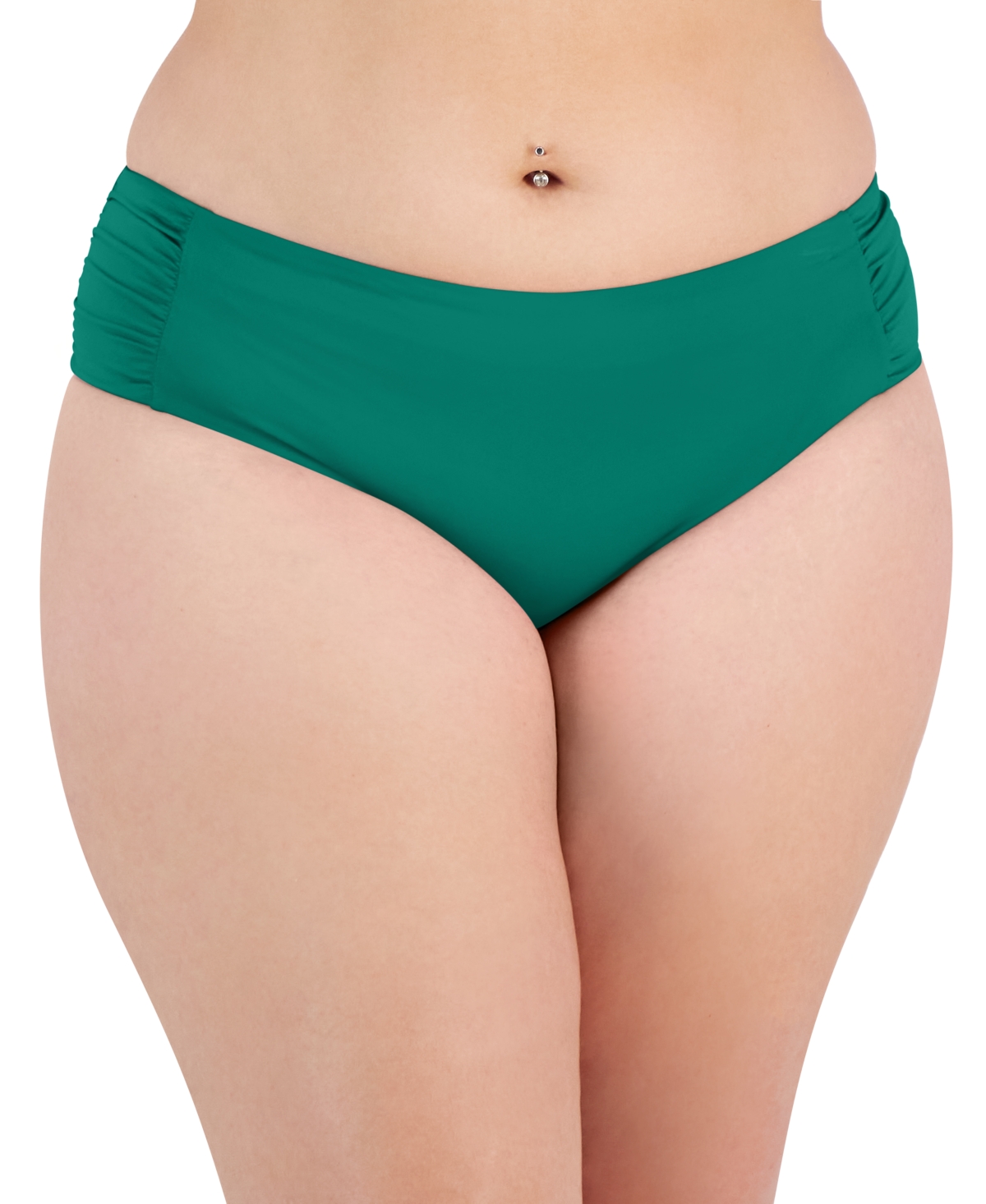 Plus Size Color Code Side-Shirred Hipster Bikini Bottoms - Grass Green