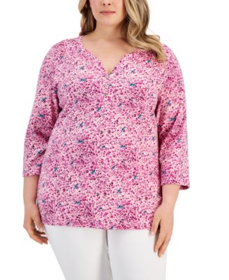 Karen Scott - Plus Size Printed Split-Neck 3/4-Sleeve Henley Top