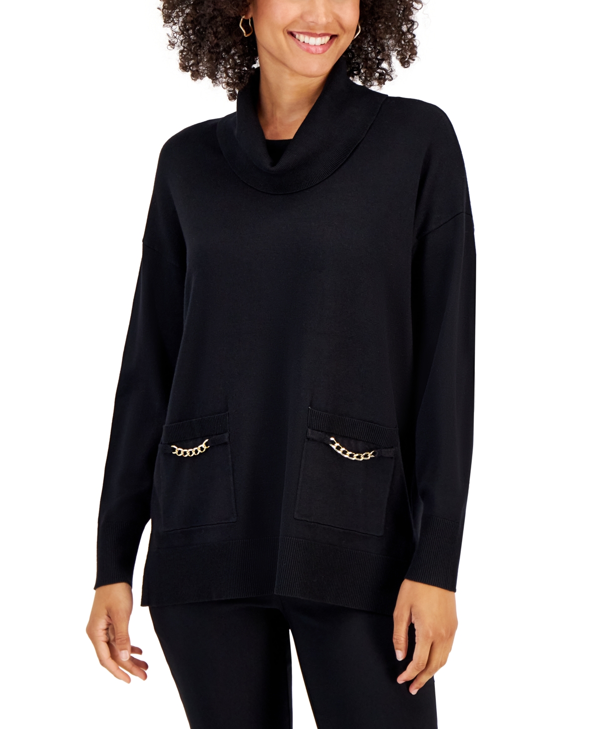 Jm Collection Women's Cowl Neck Chain Pocket Sweater, Created For Macy's In Deep Black