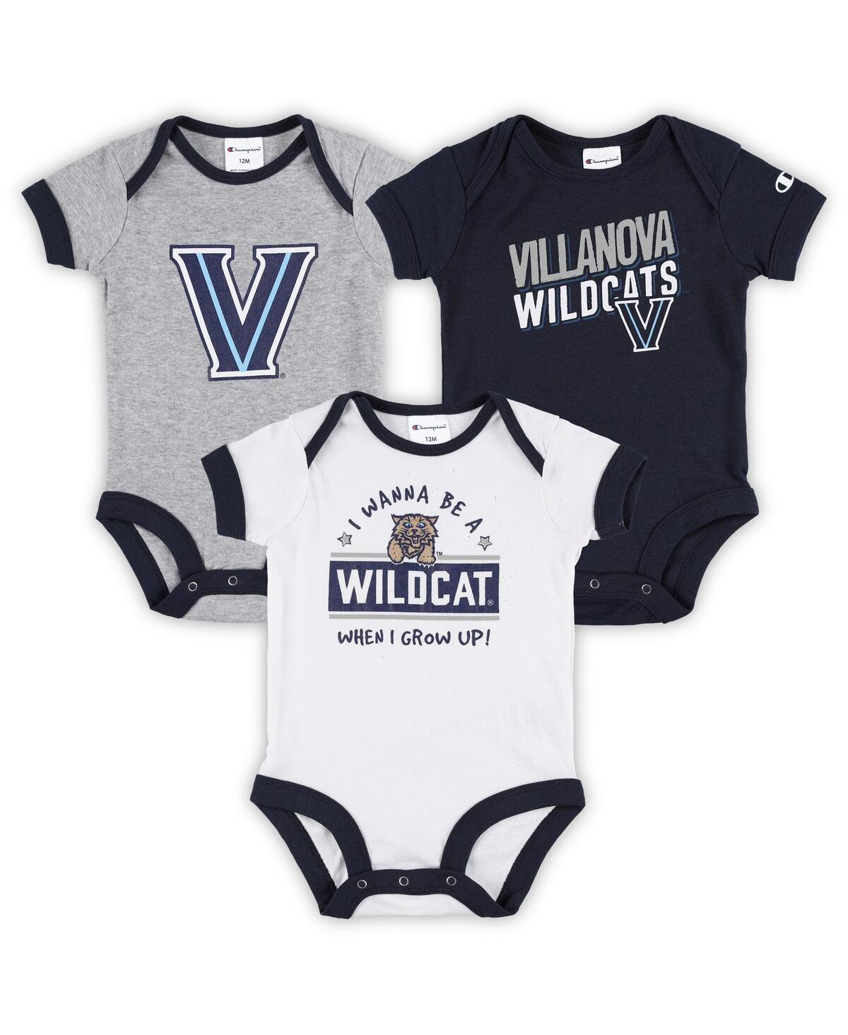 Champion Infant Boys And Girls  Navy, Heather Gray, White Villanova Wildcats I Wanna Be Three-pack Bo In Navy,heather Gray,white