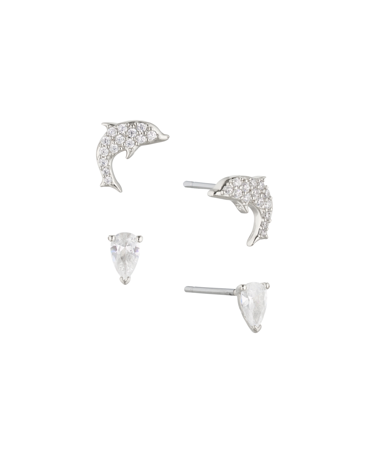 Rhodium Cubic Zirconia Dolphin Style and Pear Shaped Stud Earrings Set of Two Pair - Silver