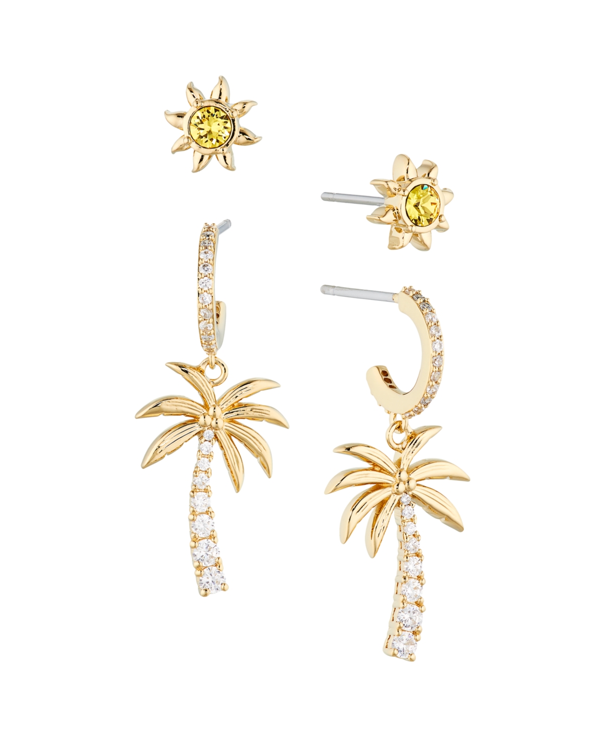 Ava Nadri Gold Cubic Zirconia Sun Stud And Palm Tree Drops Hoop Earrings Set Of Two Pair