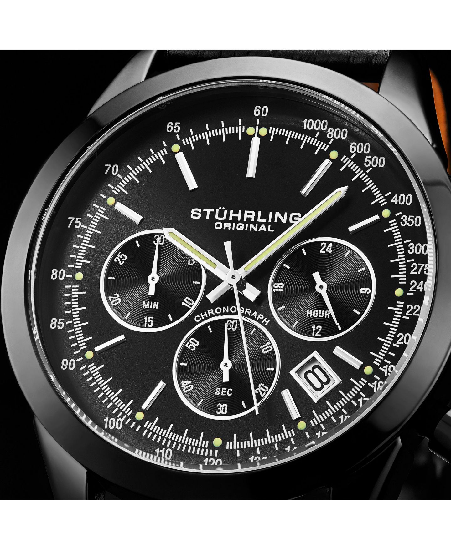 Мужские часы Stuhrling Monaco Black Leather, Black Dial, 44mm Round Watch — фото 2