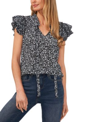 CeCe Women's Short Sleeve Ruffled Tie V-Neck Blouse Macy's