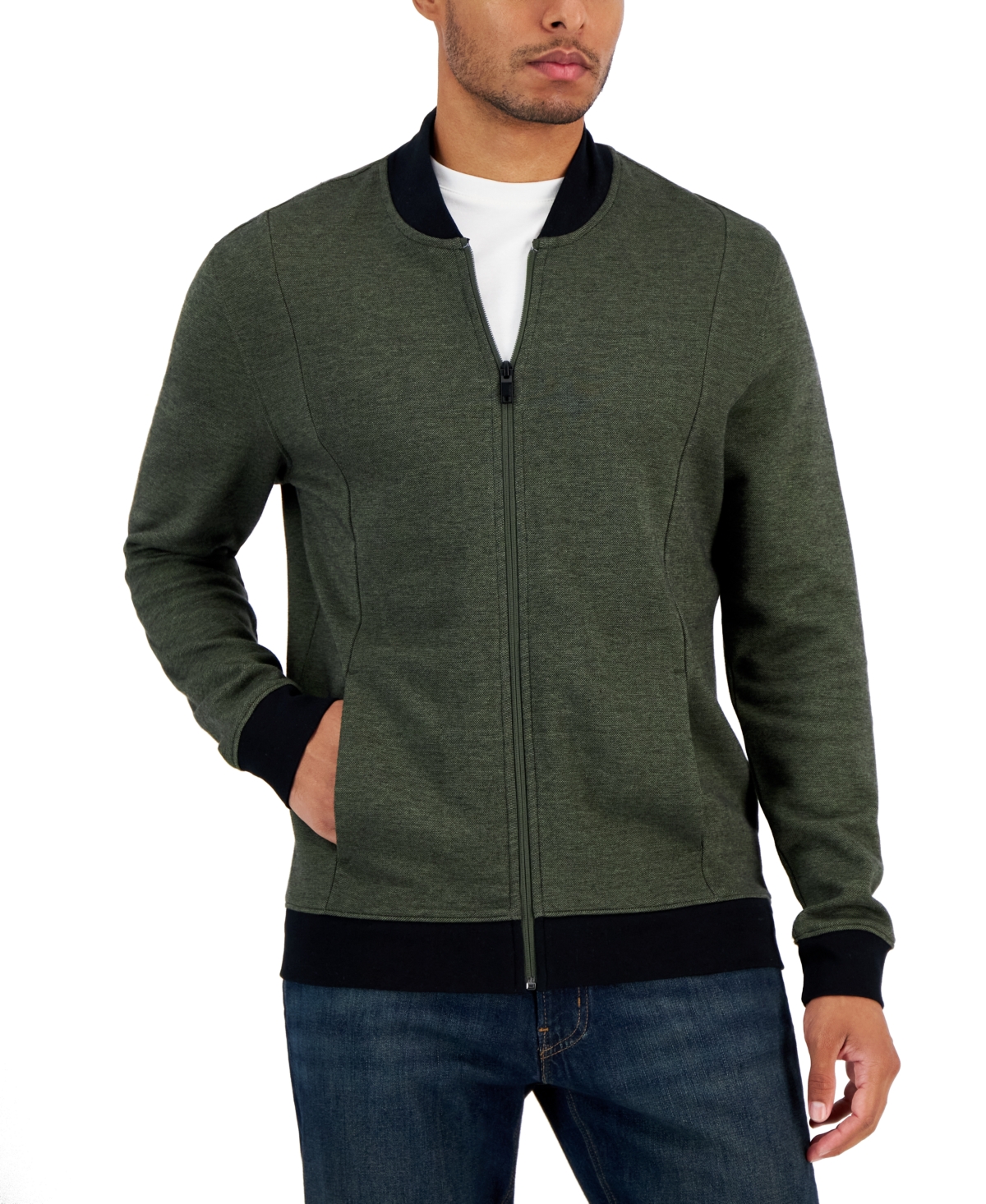 Alfani Men's Zip-front Sweater Jacket, Created For Macy's In Military Soil Combo