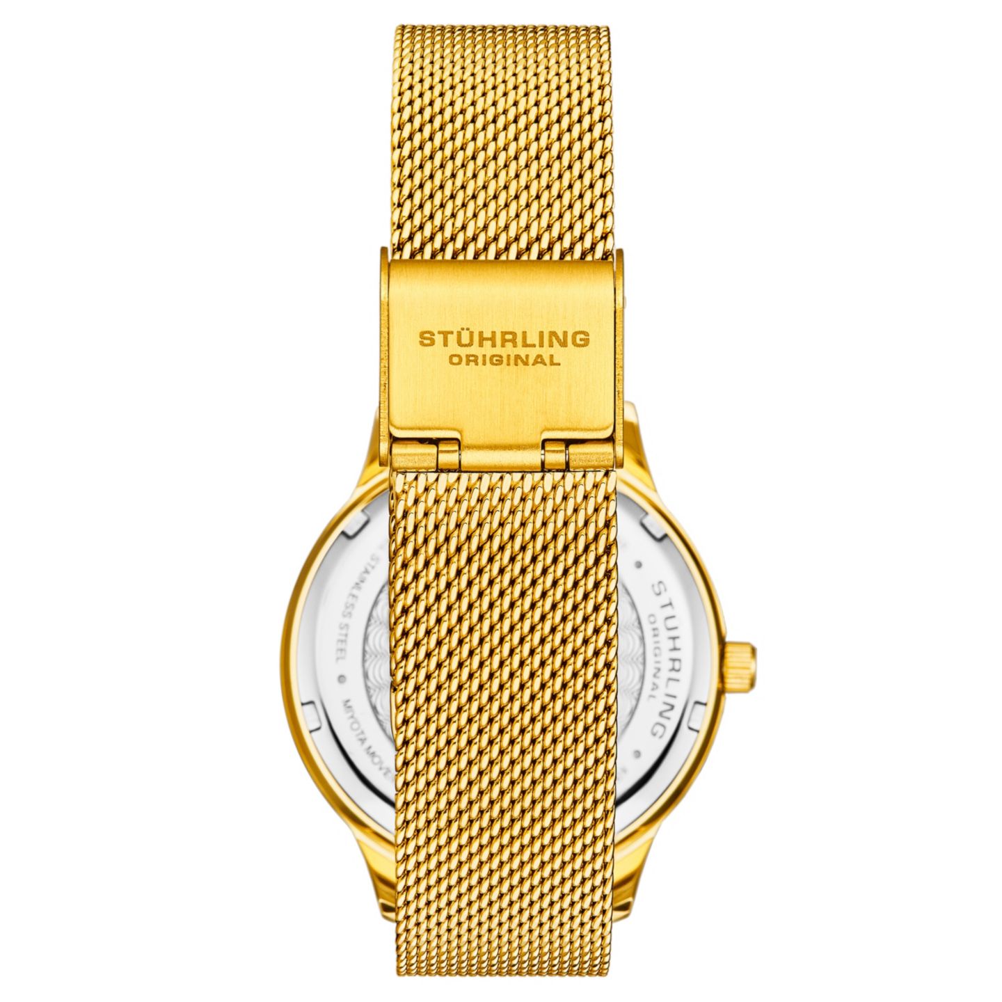 Женские часы Stuhrling Quartz Crystal Studded Gold Case and Gold Mesh Bracelet, Silver Dial, Gold Hands and Markers Watch, цвет: Золотой — фото 2