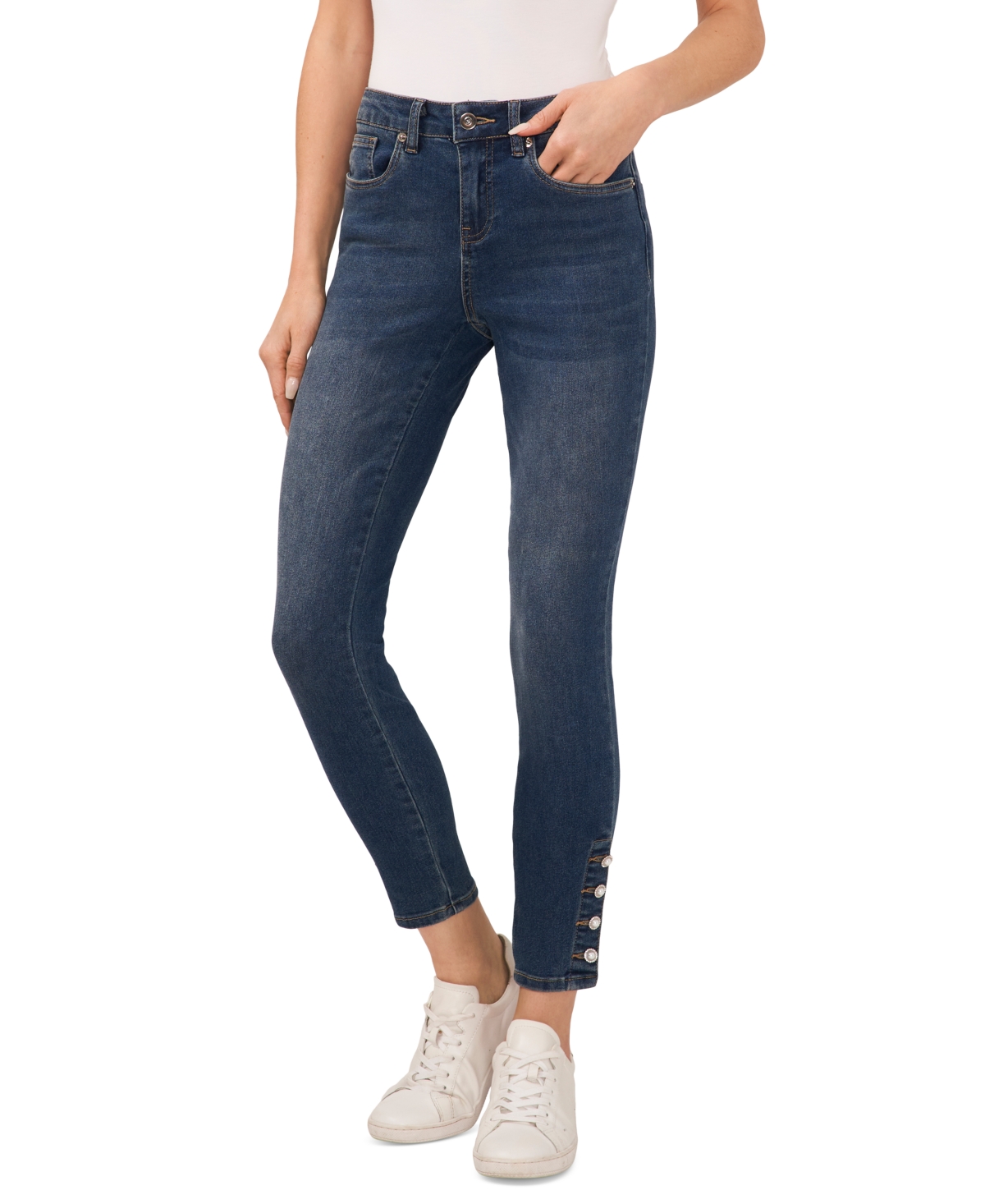 Women's Imitation-Pearl-Trim High-Rise Skinny Jeans - Mid Indigo