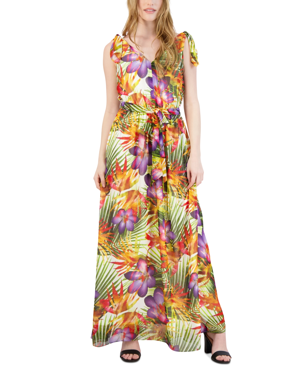 Shop Donna Ricco Women's Printed Tie-shoulder Maxi Dress In Ivory Multi