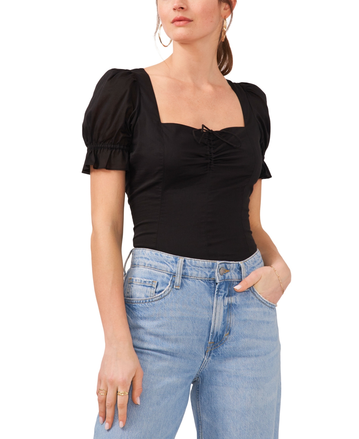 Shop 1.state Women's Puff Sleeve Cinched Front Sweetheart Top In Rich Black