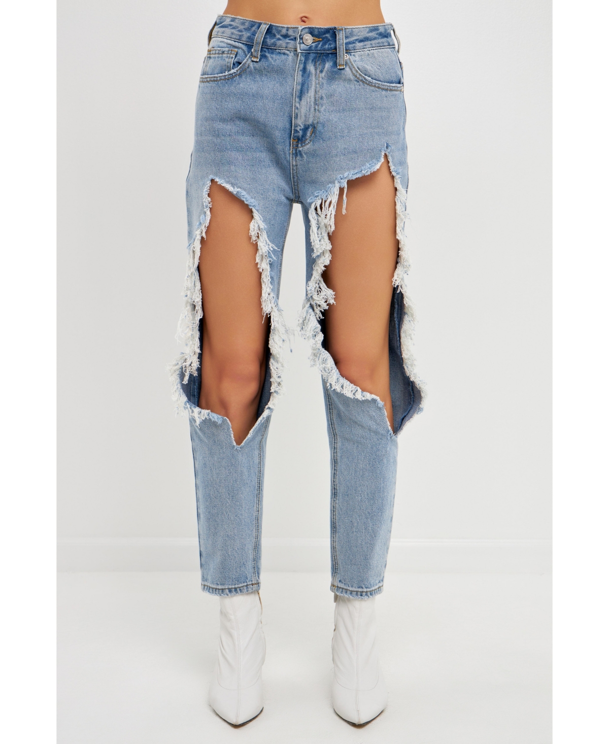 Women's High Waist Destroyed Jeans - Denim