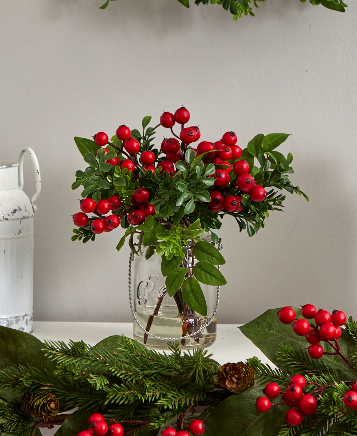 Nearly Natural Berry Boxwood in Glass Jar